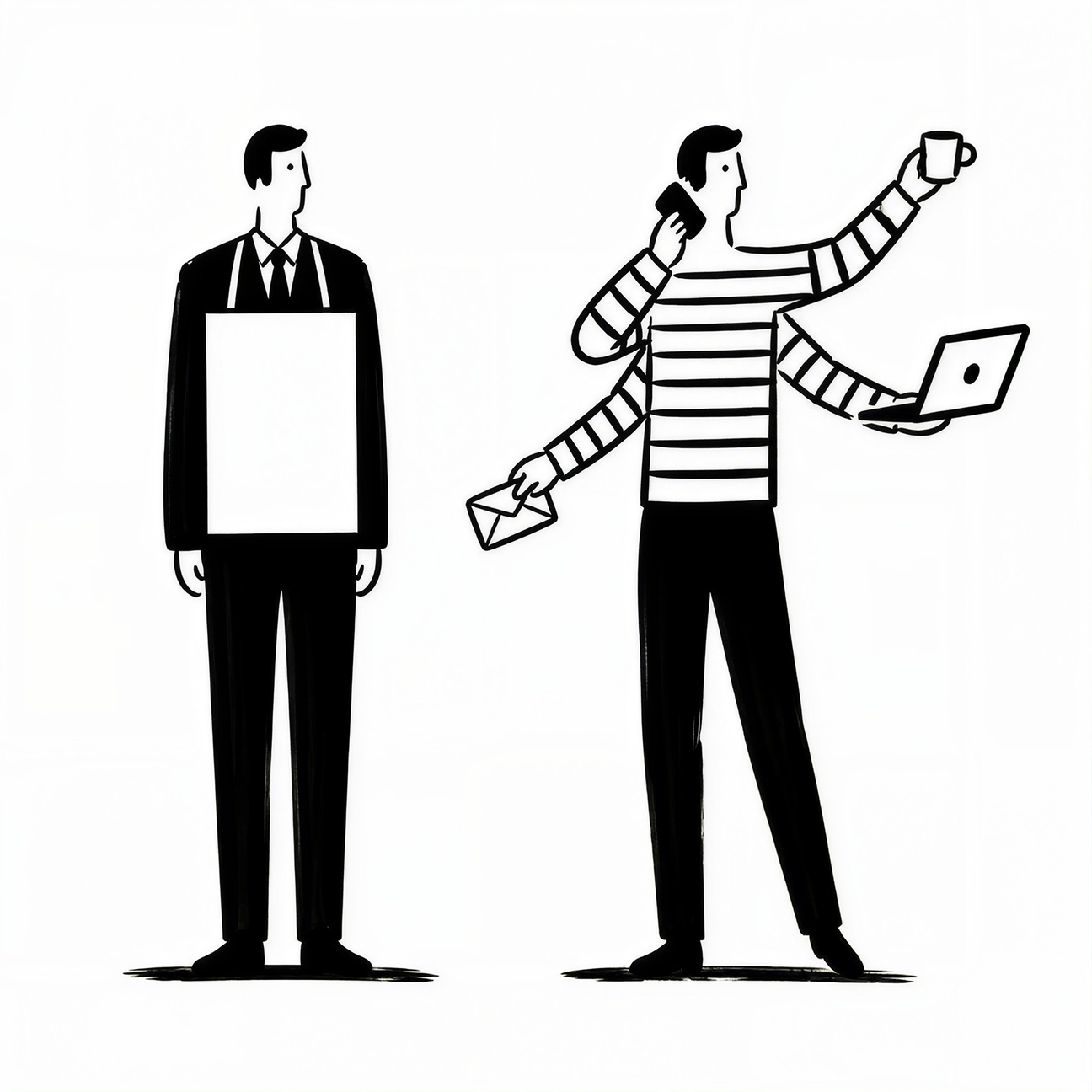 Deux hommes côte à côte : l'un, immobile, porte un panneau-sandwich vierge ; l'autre, en marinière, jongle à plusieurs bras entre un téléphone, un café, un ordinateur et un courrier.