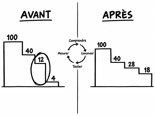 Avant : sur 100 visiteurs, 40 puis 12 puis 4 — la marche du formulaire est entourée. Après : 100, 40, 28 puis 18. Entre les deux, le cycle comprendre, concevoir, tester, mesurer.
