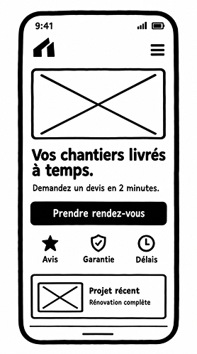 Le nouveau site sur mobile : « Vos chantiers livrés à temps. Demandez un devis en 2 minutes », un bouton « Prendre rendez-vous », puis avis, garantie, délais et un projet récent
